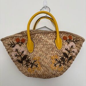 Zara Floral Embroidered Straw Tote Bag - Yellow